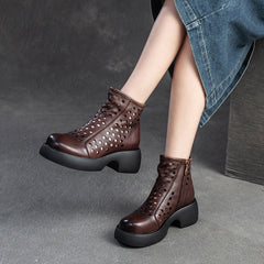 Women Minimalist Hollow Leather Chunky Platform Boots Newgew Shoes