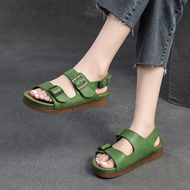 Women Retro Leather Flat Casual Buckle Sandals Newgew Shoes