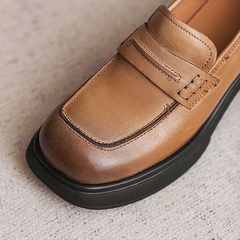 Women Retro Leather Square Head Thick Soled Loafers Newgew Shoes