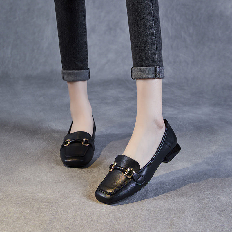 Women Minimalist Buckle Leather Low Block Loafers Newgew Shoes