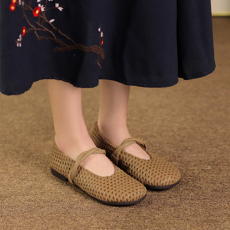 Women Retro Hollow Plaited Cowhide Soft Flats Newgew Shoes