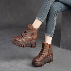 Women Retro Hollow Leather Chunky Platform Boots Newgew Shoes