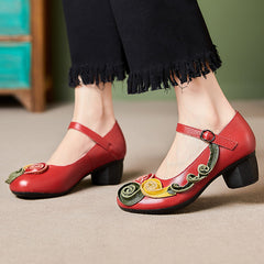 Women Retro Leather Chunky Heel Pumps Newgew Shoes