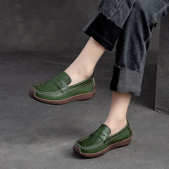 Women Retro Solid Leather Flat Casual Loafers Newgew Shoes