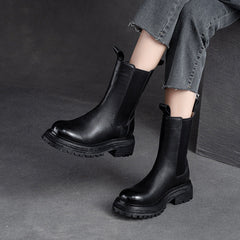 Women Retro Minimalist Leather Mid-Calf Boots Newgew Shoes