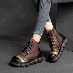 Women Color Matching Leather Casual Platform Boots Newgew Shoes