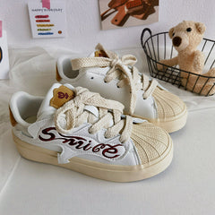 Women's Embroidered Letters Shell Head White Springtide Canvas Shoes Newgew