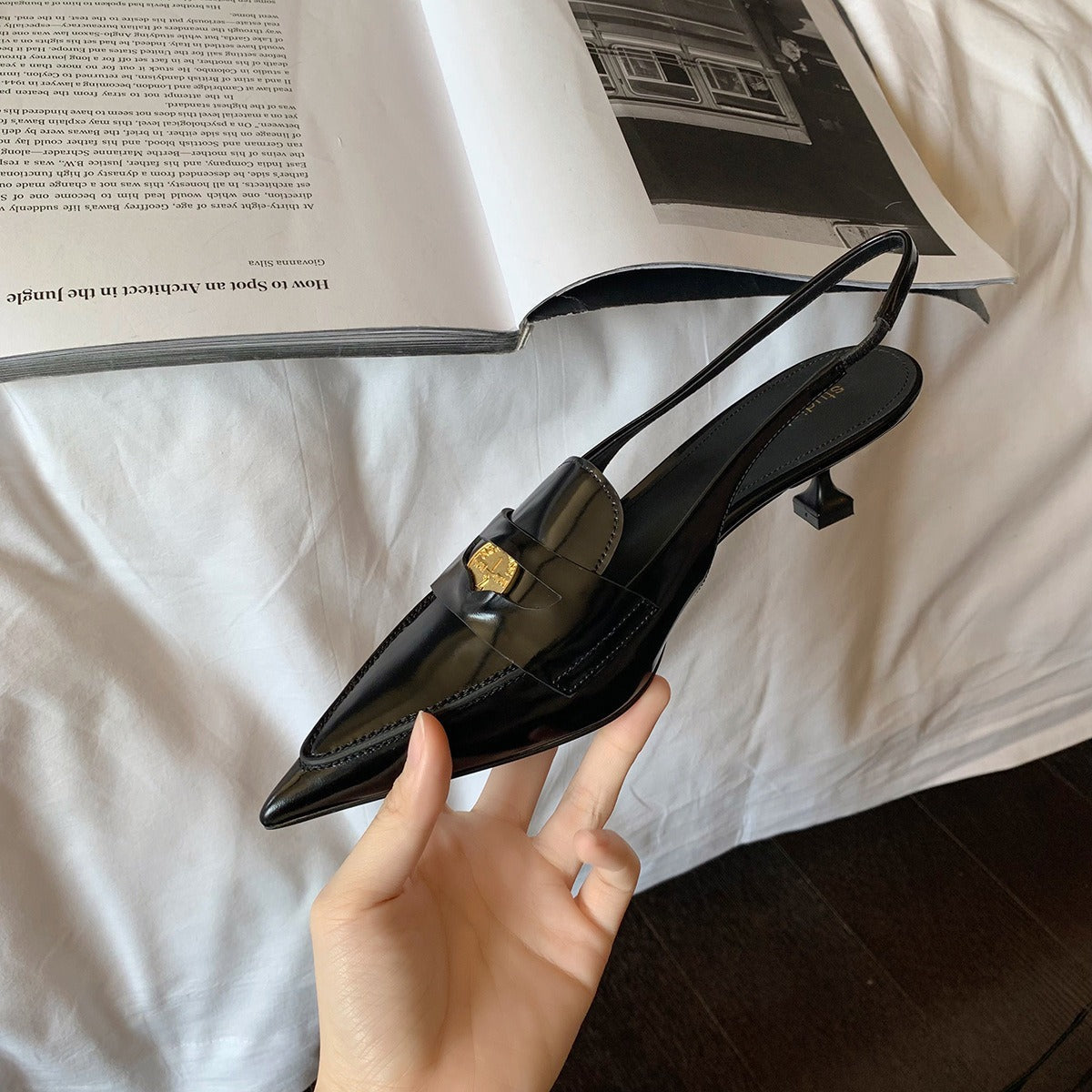 Genuine Leather Color Matching Pointed Toe Slingback High Heels Newgew