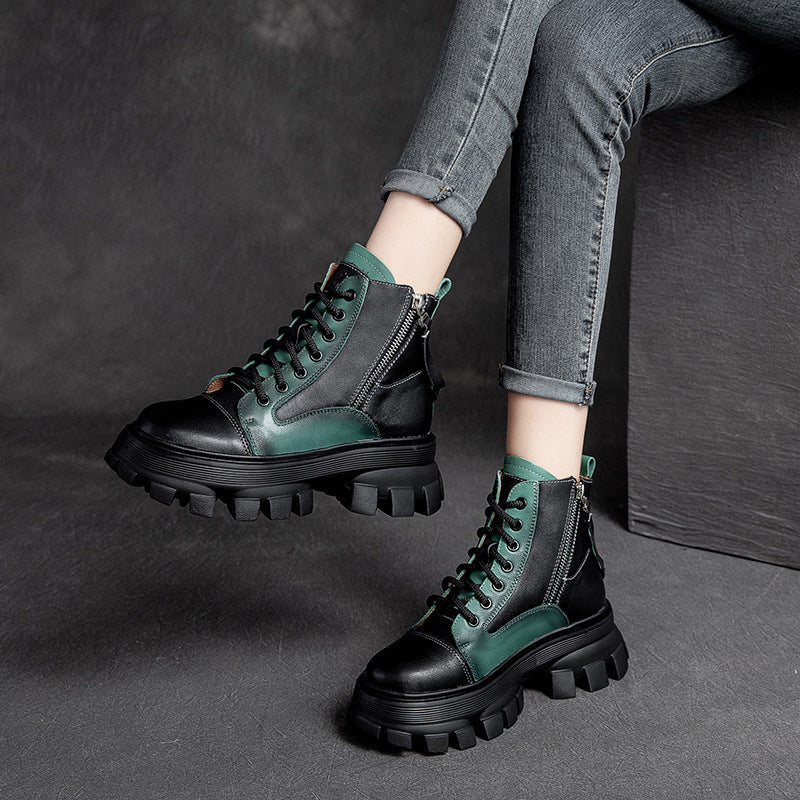 Women Retro Patchwork Leather Platform Boots Newgew Shoes