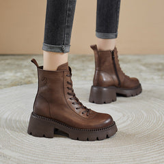 Women Retro Leather Chunky Heel Casual Boots Newgew Shoes