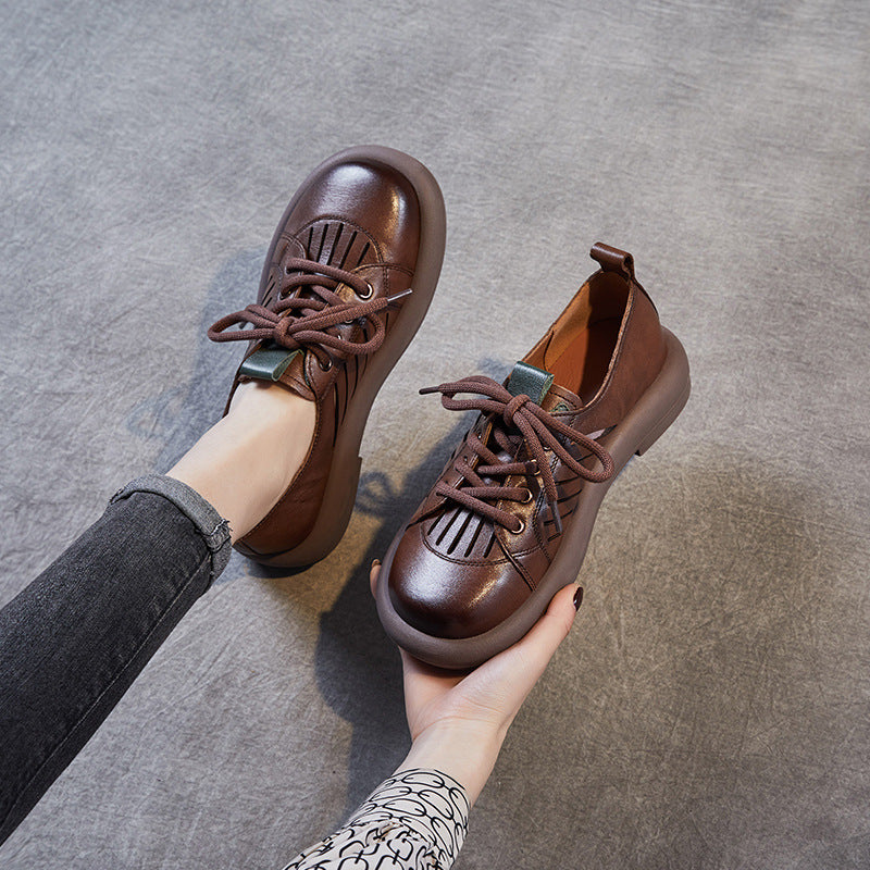 Women Retro Hollow Leather Flat Casual Shoes Newgew Shoes