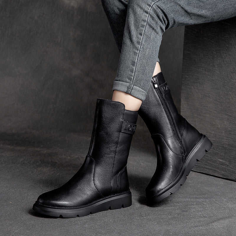 Women Solid Cowhide Casual Mid Calf Boots Newgew Shoes