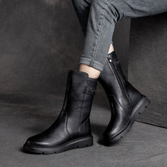 Women Solid Cowhide Casual Mid Calf Boots Newgew Shoes