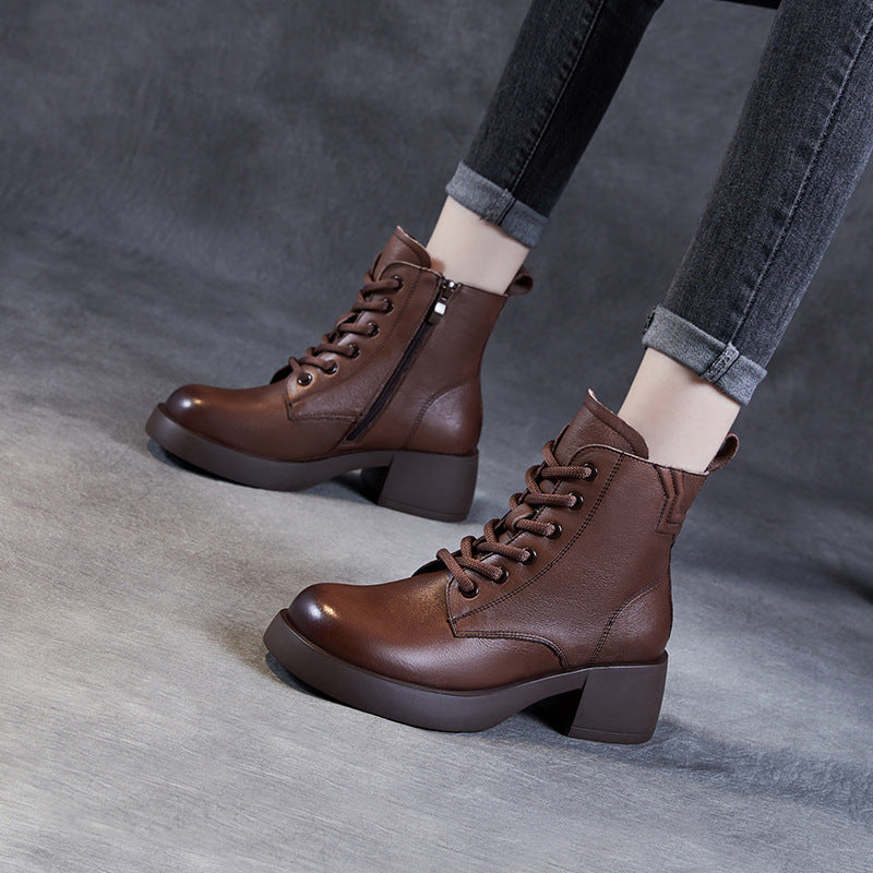 Women Patchwork Leather Casual Chunky Heel Boots Newgew Shoes