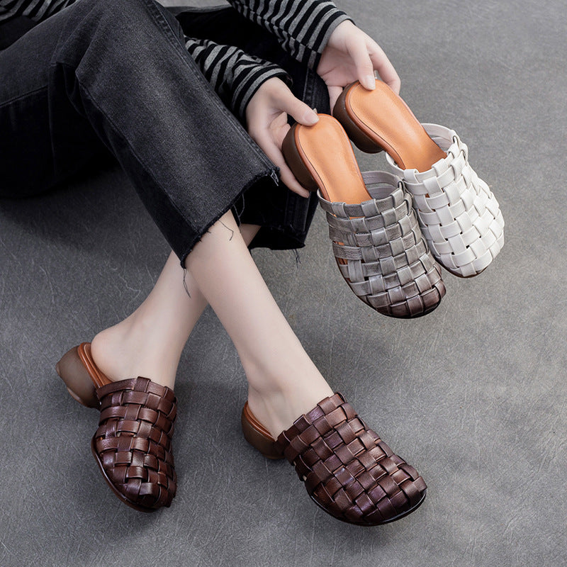 Women Handmade Plaited Leather Low Block Slides Sandals Newgew Shoes