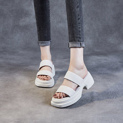 Women Retro Solid Soft Leather Chunky Lug Sole Slides Newgew Shoes