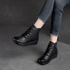 Women Retro Minimalist Leather Low Wedge Ankle Boots Newgew Shoes