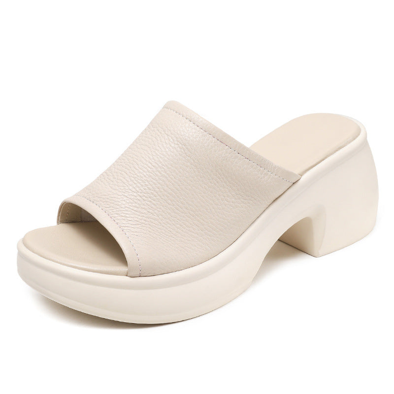 Women Minimalist Leather Chunky Heel Slides Sandals Newgew Shoes