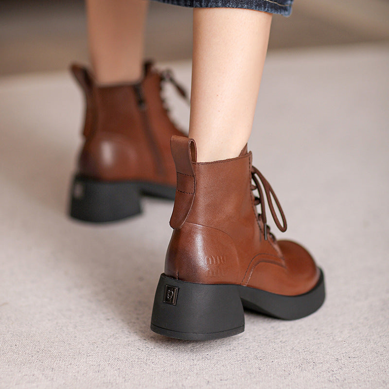 Women Retro Patchwork Leather Chunky Heel Boots Newgew Shoes