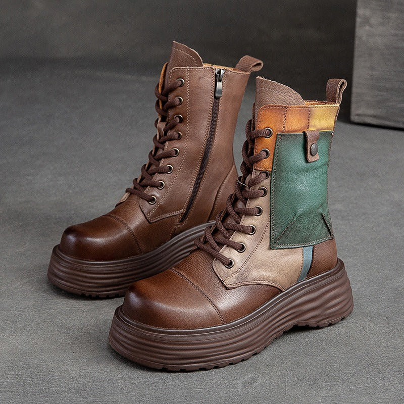 Women Retro Patchwork Leather Platform Combat Boots Newgew Shoes