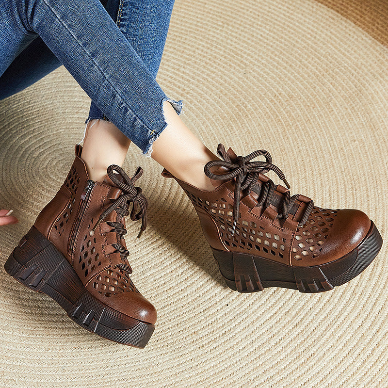 Women Retro Hollow Leather Platform Boots Newgew Shoes