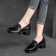 Women Retro Handcraft Soft Leather Chunky Heel Loafers Newgew Shoes