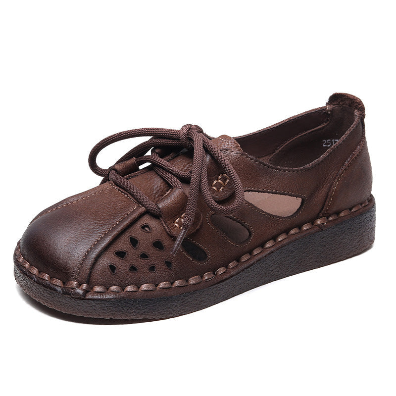 Women Retro Hollow Leather Soft Flat Casual Shoes Newgew Shoes