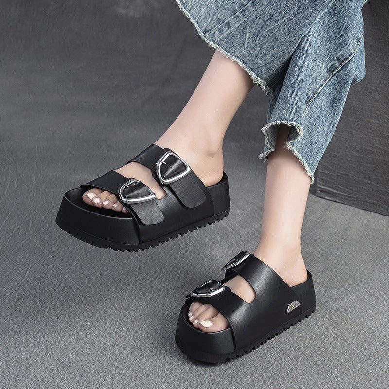 Women Soft Leather Thick Soled Casual Slides Sandals Newgew Shoes