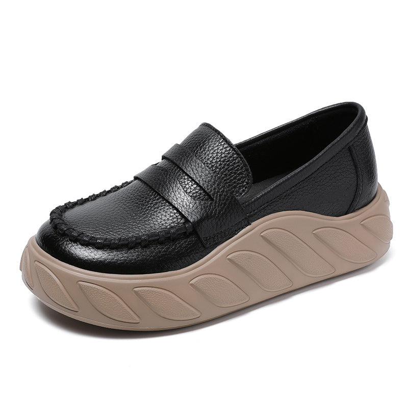 Women Solid Leather Casual Thick Soled Loafers Newgew Shoes