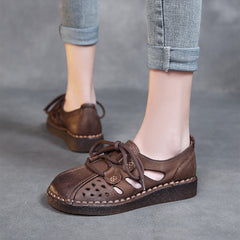 Women Retro Hollow Leather Soft Flat Casual Shoes Newgew Shoes