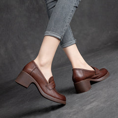 Women Retro Handcraft Soft Leather Chunky Heel Loafers Newgew Shoes