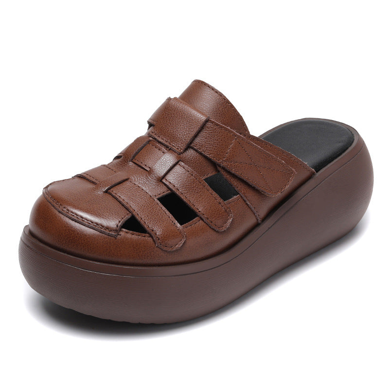 Women Retro Hollow Plaited Leather Wedge Slides Newgew Shoes