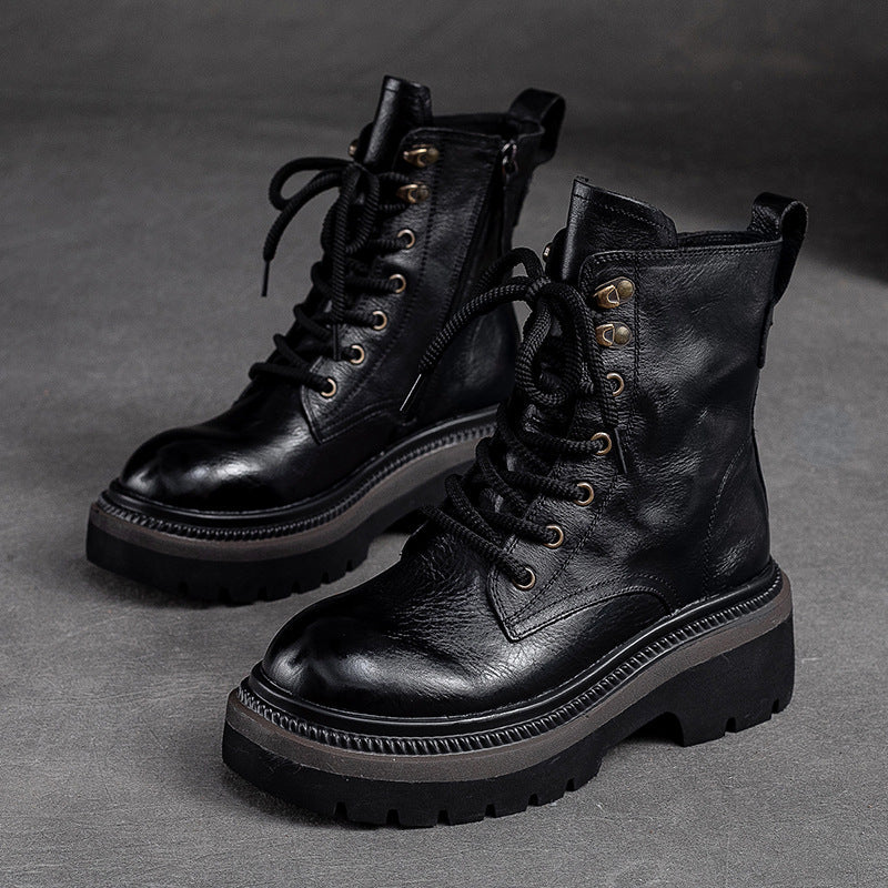 Women Classic Leather Thick Soled Combat Boots Newgew Shoes