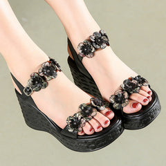 Women Retro Floral Leather Wedge Sandals Newgew Shoes