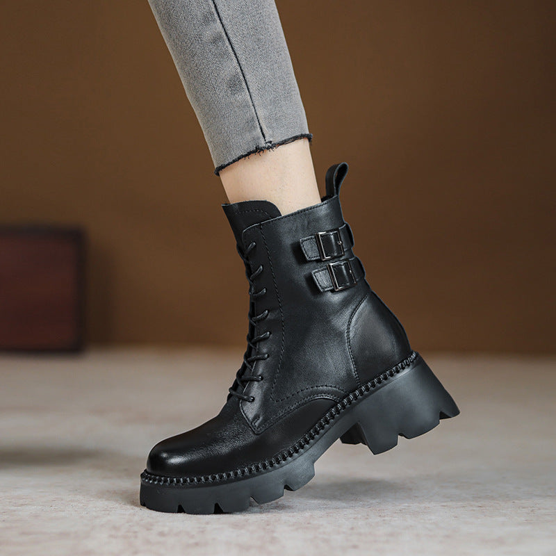 Women Retro Leather Buckles Wedge Boots Newgew Shoes