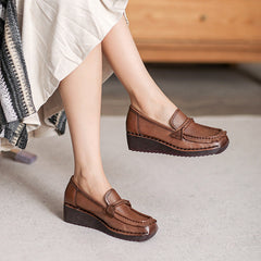 Women Retro Soft Leather Chunky Wedge Loafers Newgew Shoes