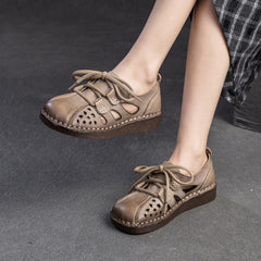 Women Retro Hollow Leather Flat Casual Shoes Newgew Shoes