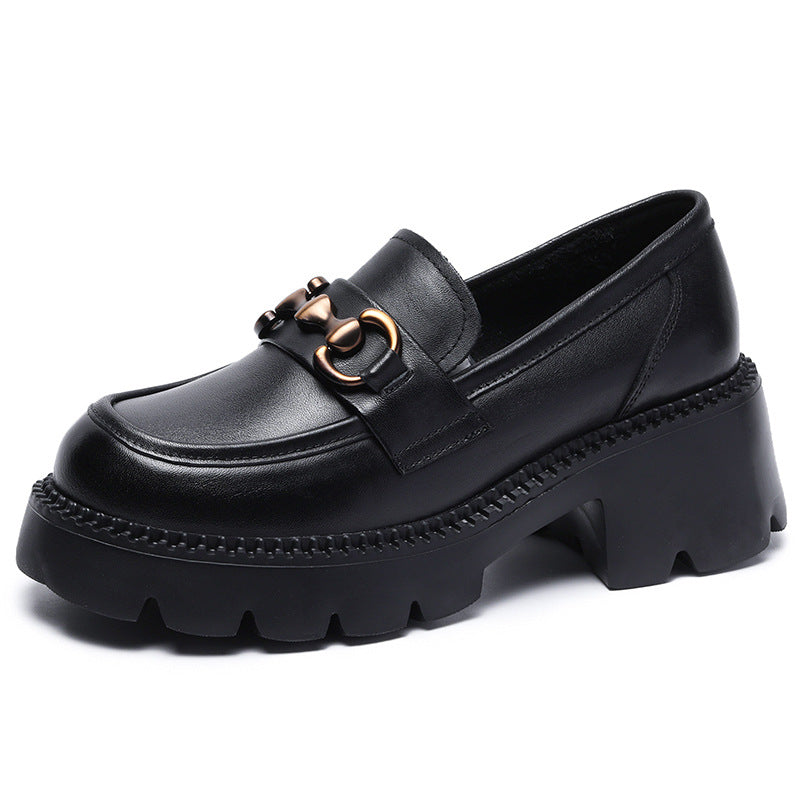 Women Retro Soft Leather Chunky Heel Loafers Newgew Shoes