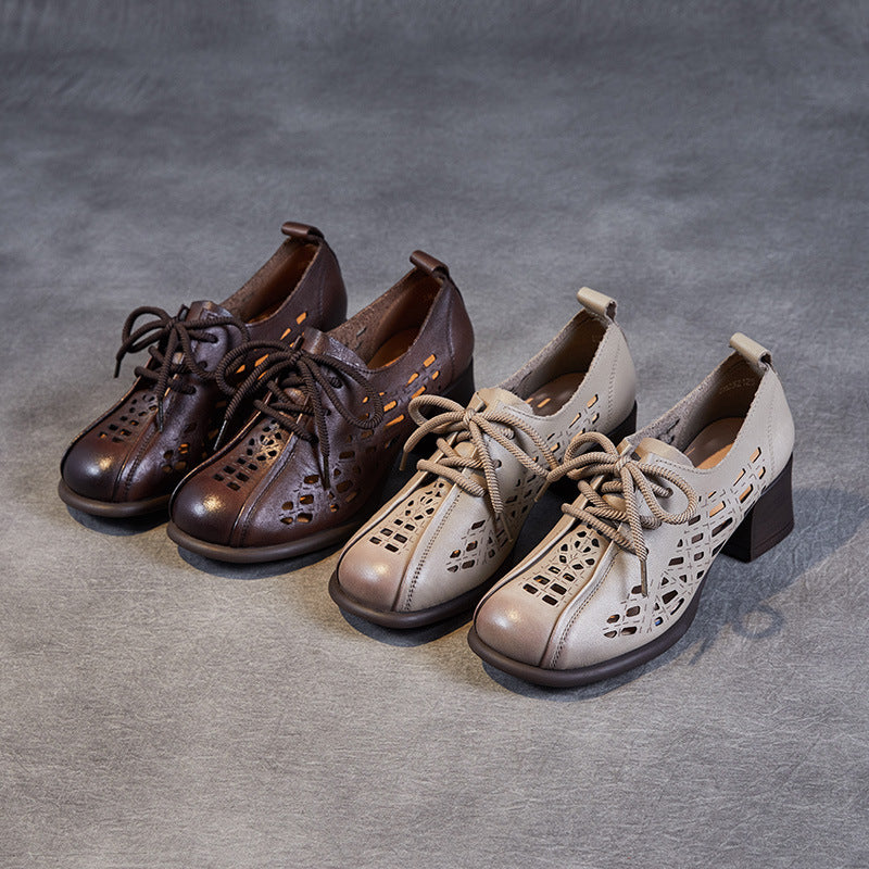 Women Hollow Leather Lace Up Summer Heel Casual Shoes Newgew Shoes