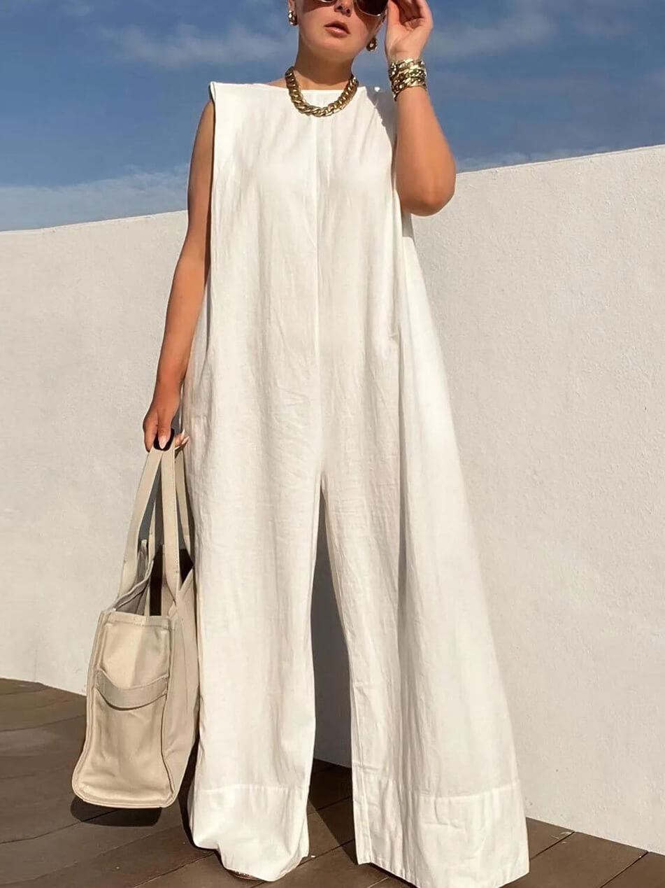 Solid Color Loose Casual Sleeveless Round Neck Wide Leg Trousers Jumpsuit Newgew Dresses