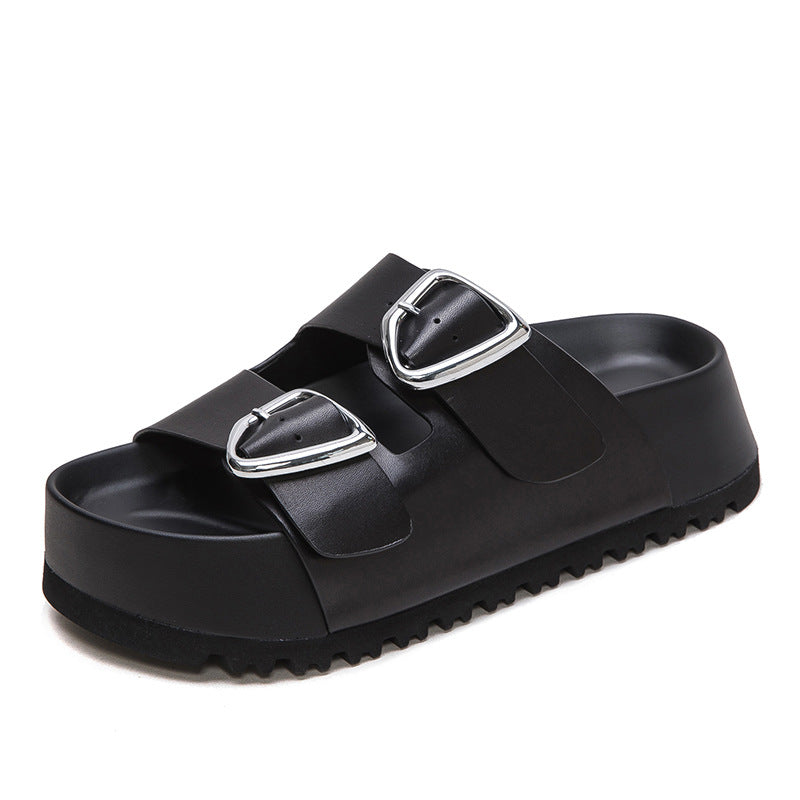 Women Soft Leather Thick Soled Casual Slides Sandals Newgew Shoes