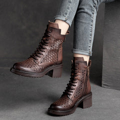 Women Retro Hollow Leather Patchwork Chunky Heel Boots Newgew Shoes