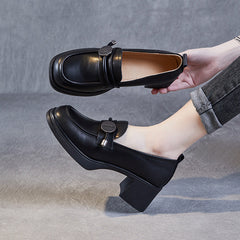 Women Minimalist Casual Leather Chunky Heel Loafers Newgew Shoes