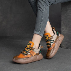 Women Casual Retro Patchwork Leather Sneakers Newgew Shoes