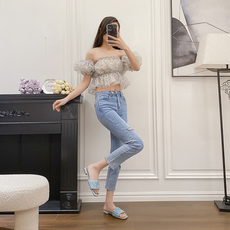 Pleated Flat Heel Non-Slip Square Toe Sandals NewGew