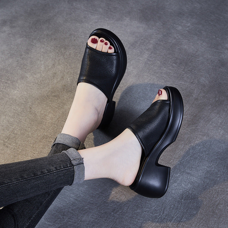 Women Minimalist Leather Chunky Heel Slides Sandals Newgew Shoes