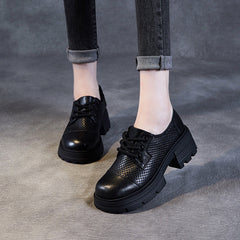 Women Lace-up Hollow Leather Chunky Sole Loafers Newgew Shoes