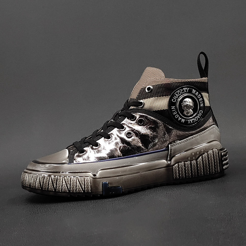 Men Stylish Glossy Leather Patchwork High Top Casual Shoes Newgew Shoes