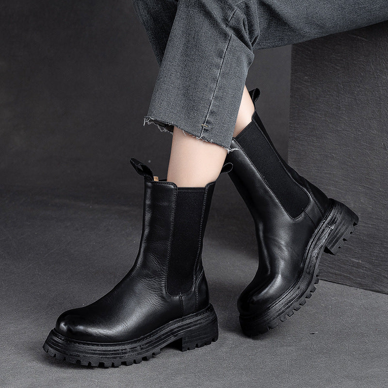 Women Retro Minimalist Leather Mid-Calf Boots Newgew Shoes