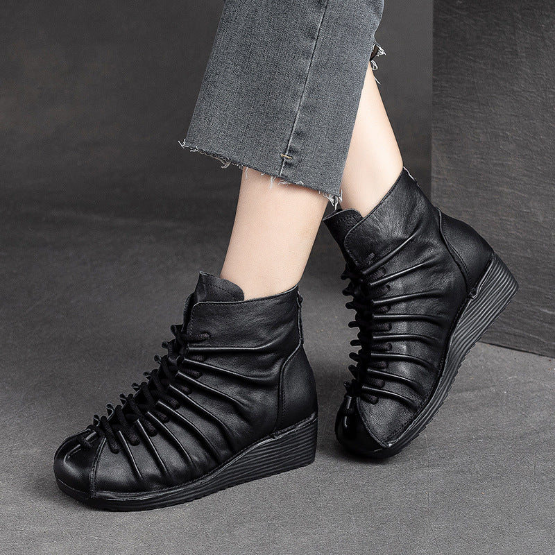 Women Retro Minimalist Leather Wedge Boots Newgew Shoes